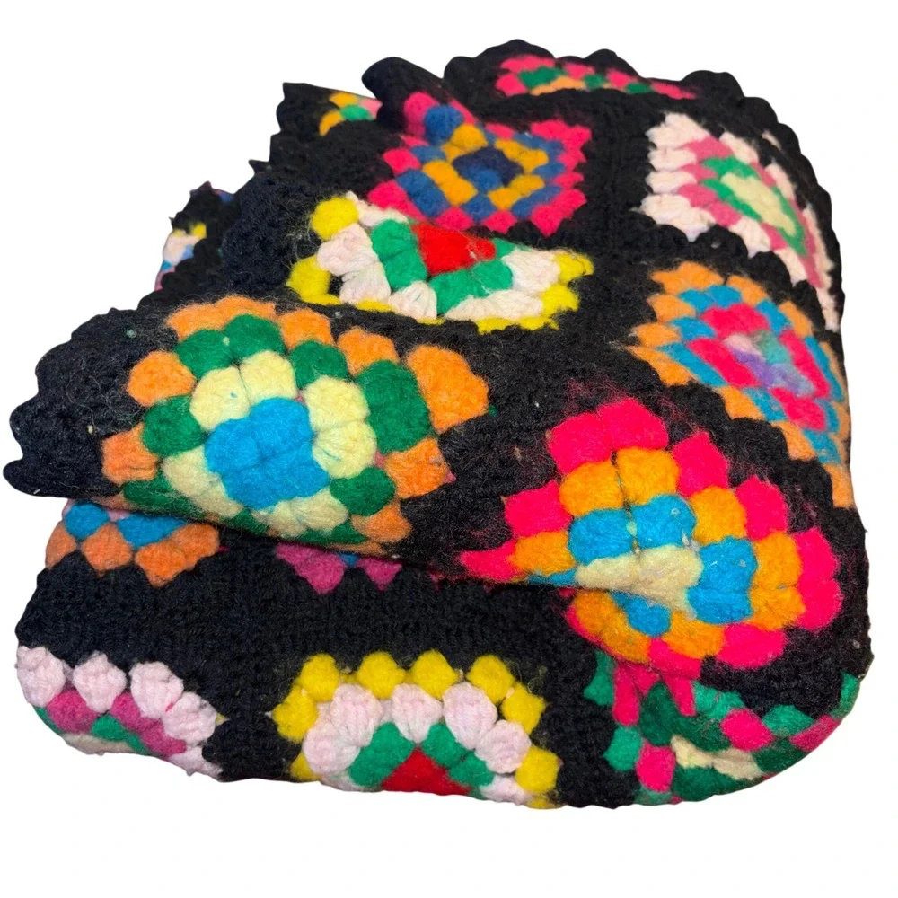 Vintage Handmade Crochet Granny Square Blanket Black Multi Bobble Stitch 60x49‎